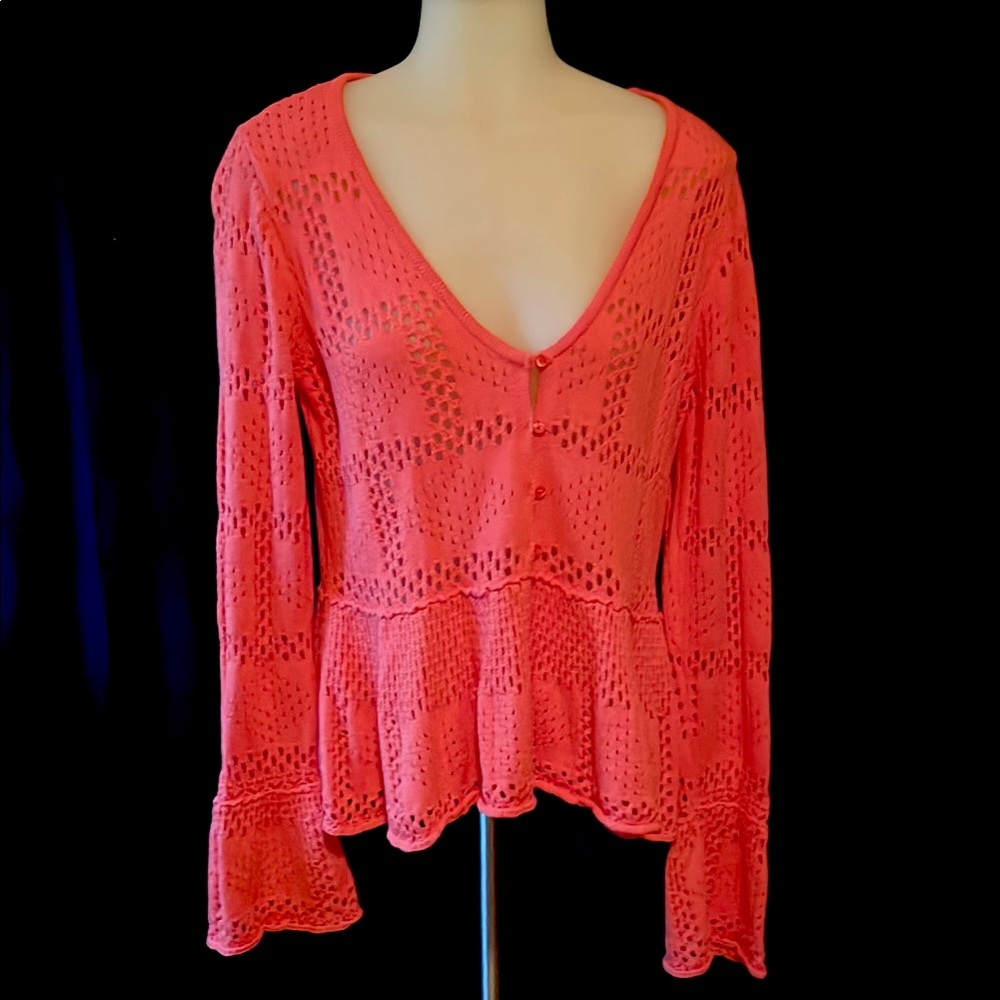 All Cotton Crocheted Sweater with Bell-bottom Sleeves